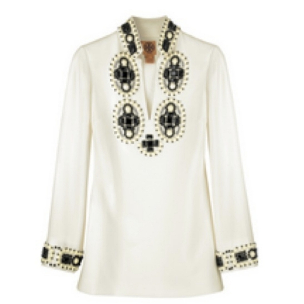 Tory Burch Embellished Beaded Tunic Long Top XS Summer Resort Vacation